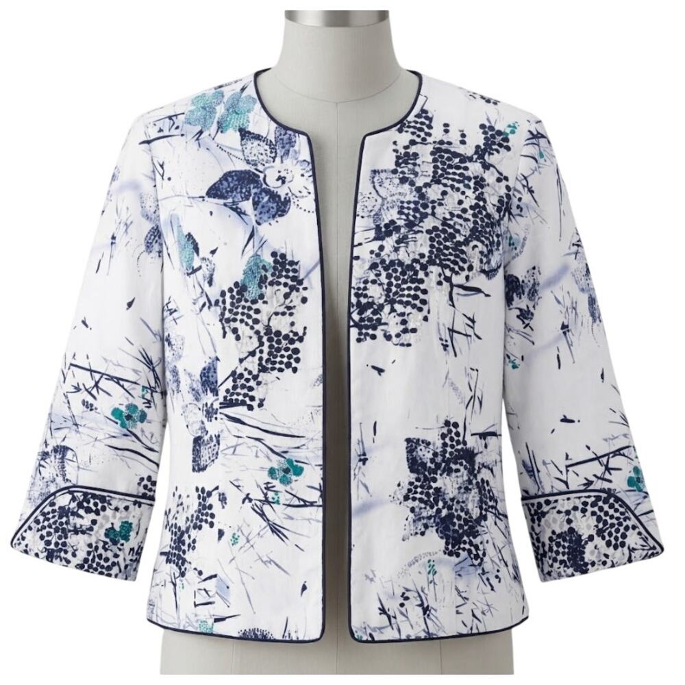 Coldwater Creek Jacket 4 Petite White Blue Floral Artsy Cotton Boho Office Chic